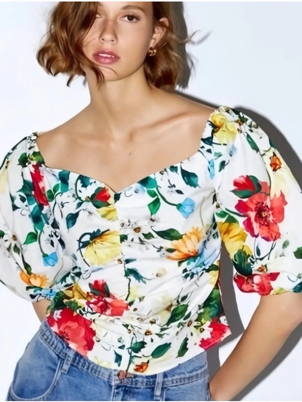 Zara Floral Off-Shoulder Puff-Sleeve Top - White with Multicolor Floral